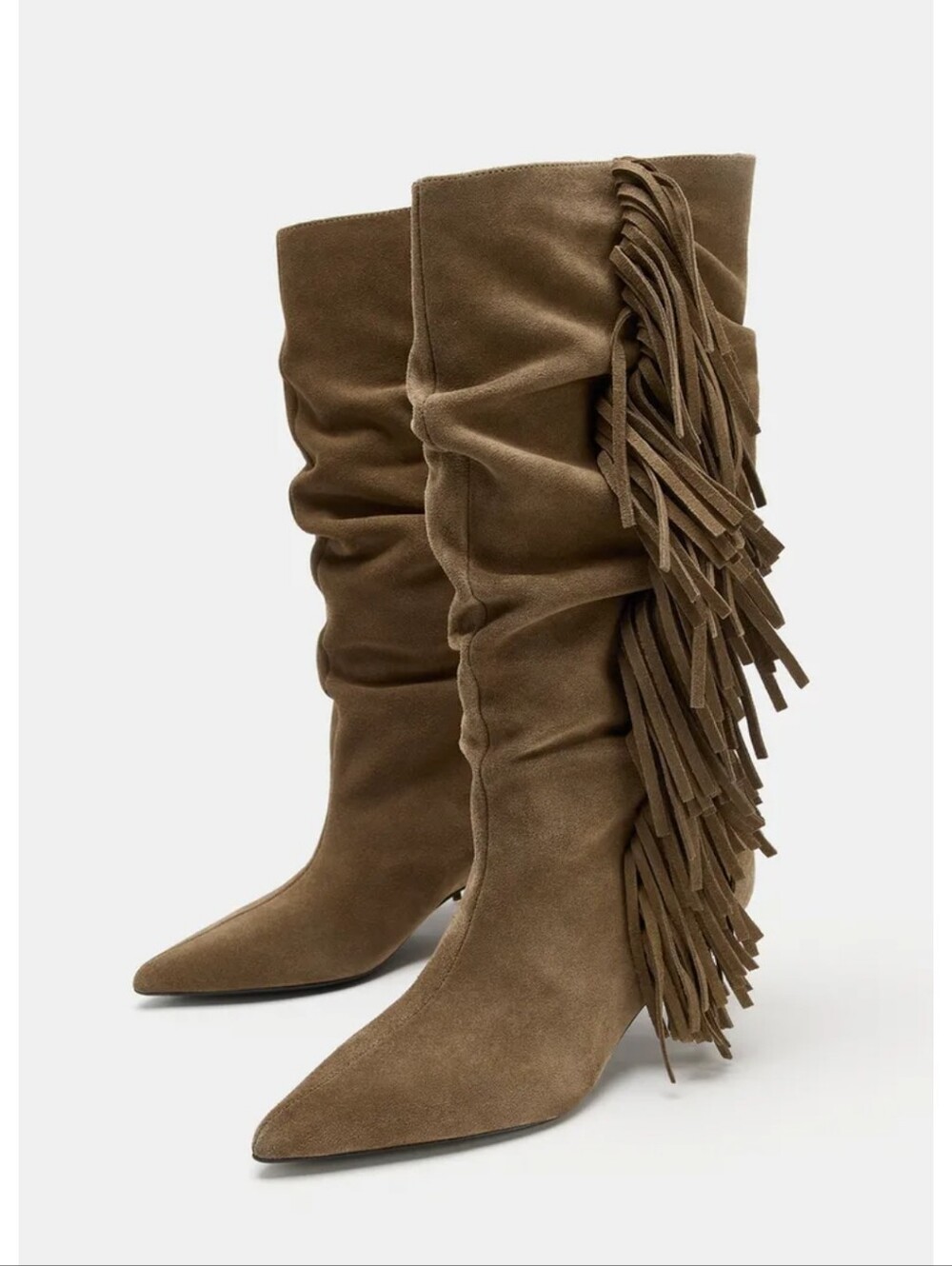 Zara Suede Fringe Ruched Pointy Toe Kitten Heel Boots Boho Brown Tan Size 38 - Picture 4 of 16